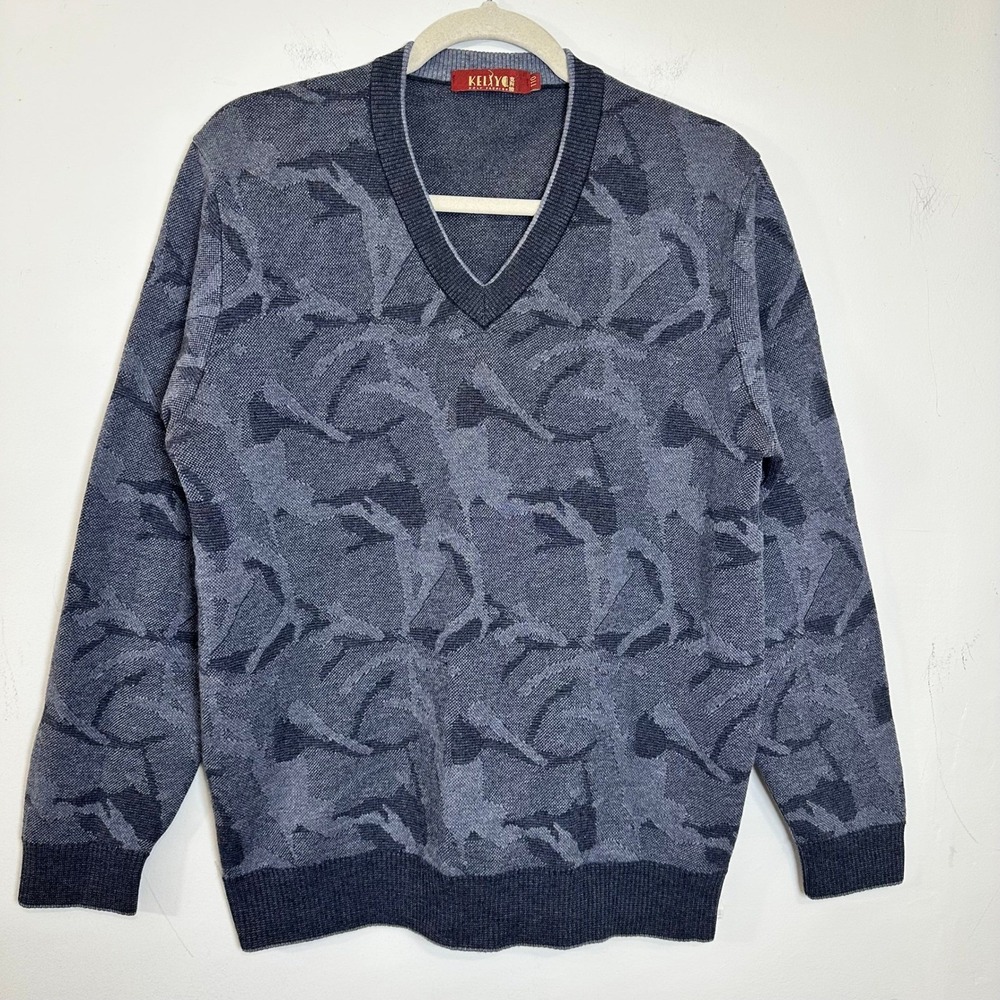 Rare VTG 90s Kellyo Wool Golf Sweater Mens 110/M/L Abstract Pattern Gray Luxury